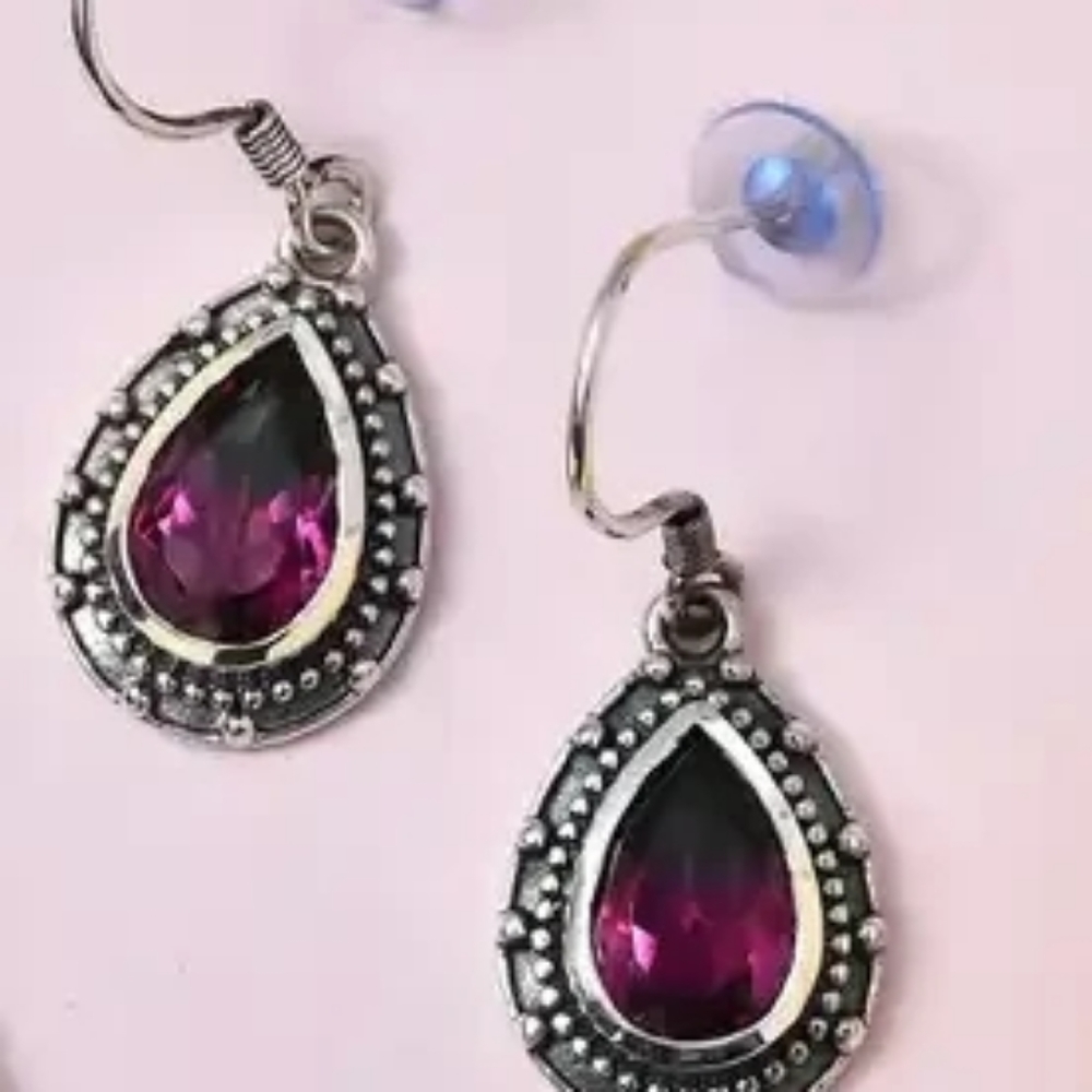 Watermelon Quartz Triplet Earrings in Sterling Silver - Picture 2 of 5